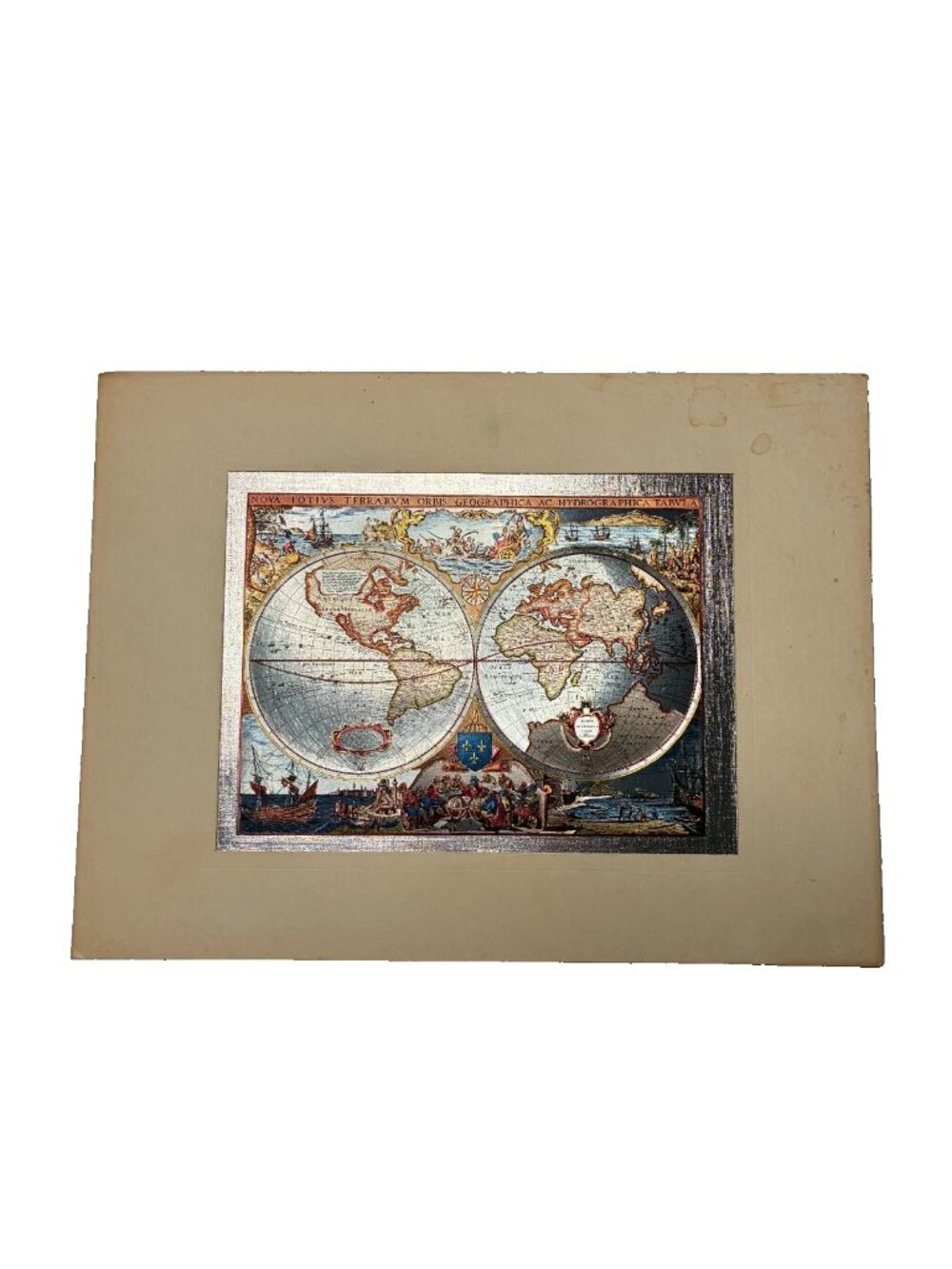Vtg NOVA TOTIVS TERRARVM ORBIS SILVER & GOLD FOIL MAP OF THE WORLD UNFRAMED 12x9